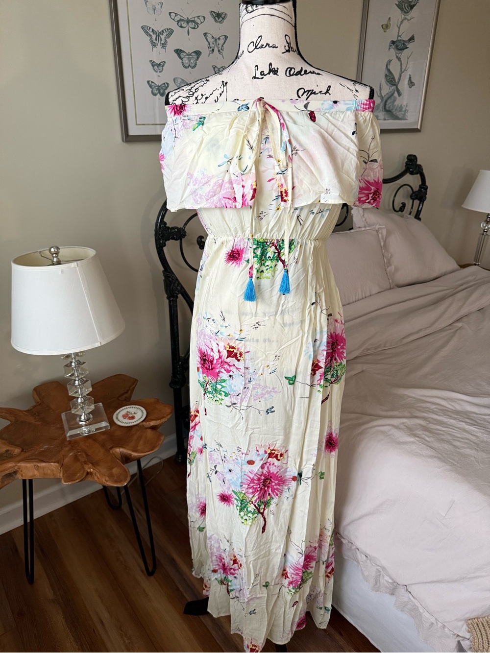 Cream Off-Shoulder Floral Maxi Dress with Pink Blooms